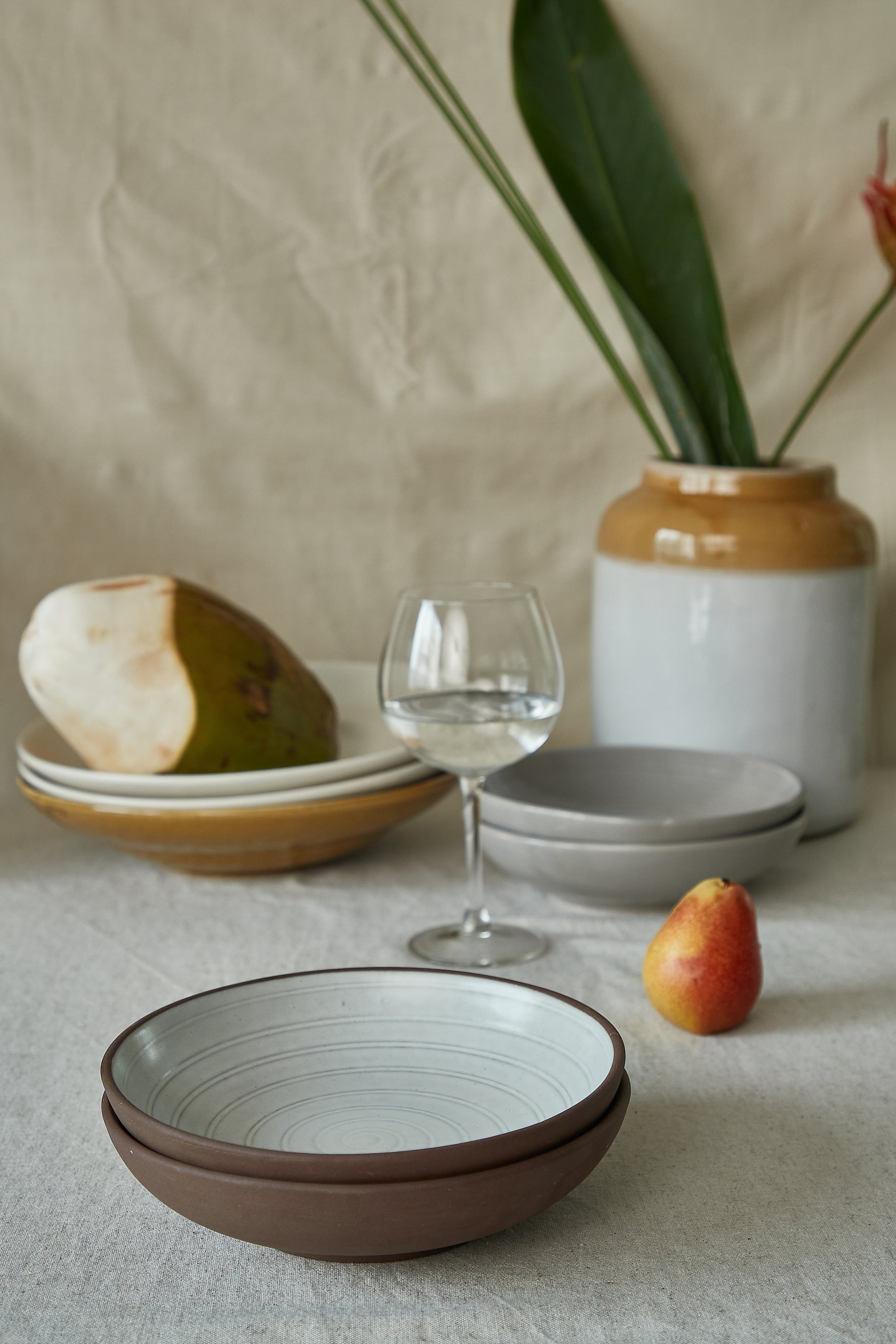 shallow pasta bowl white wt matte mudbrown 7"