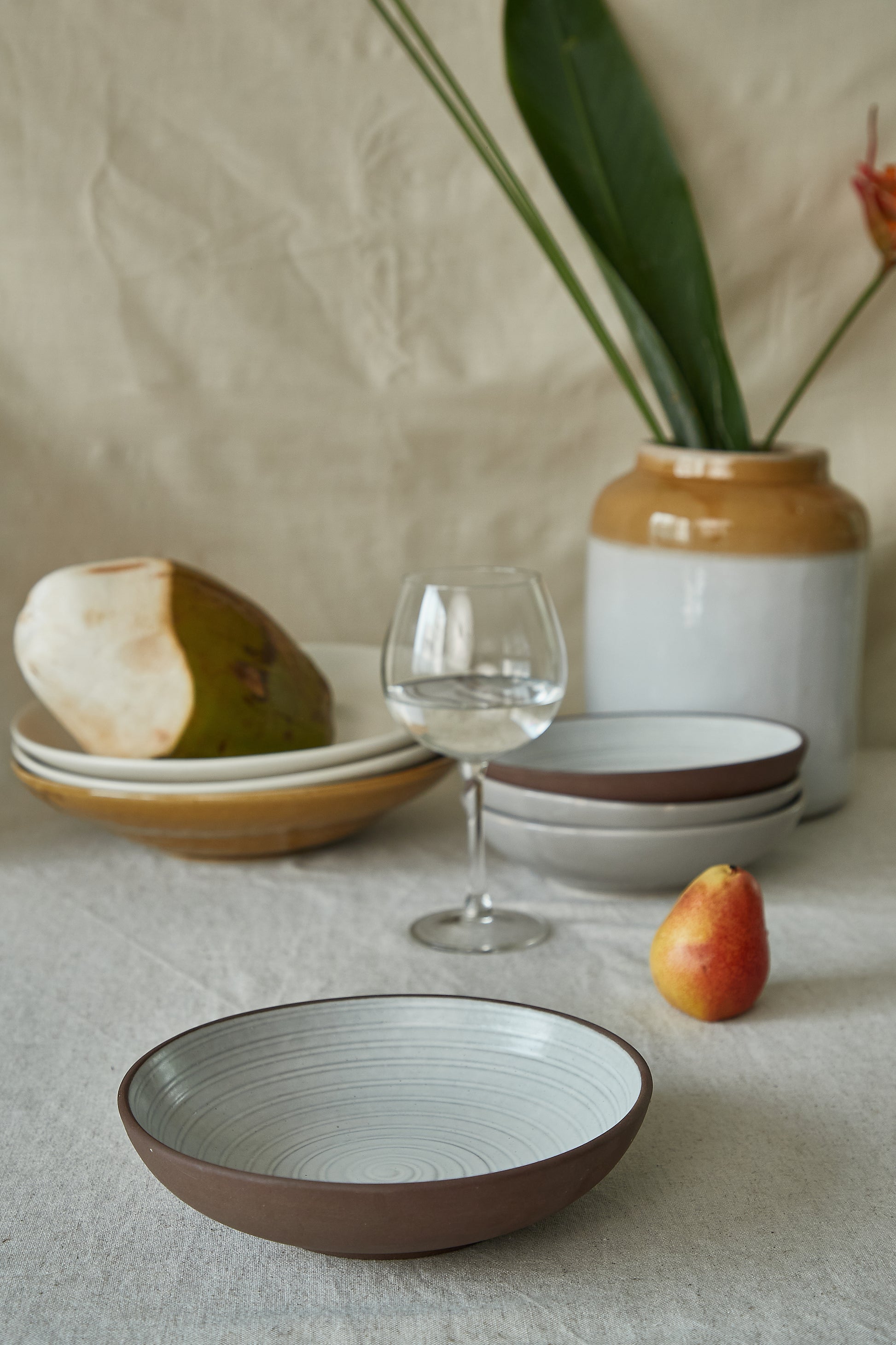 shallow pasta bowl white wt matte mudbrown 7"